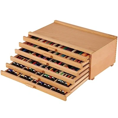 Afbeelding van VISWIN Opgewaardeerde 6 lade houten kunstenaar levering opbergdoos met verwijderbare verdelers, premium beukenhout kunst opbergdoos, draagbare organizer box voor verf, markers, potloden, pennen,