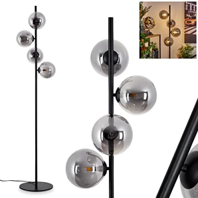 Afbeelding van vloerlamp Remaisnil, moderne van metaal/glas in zwart/rookkleur, retro/vintage design met voetschakelaar op het snoer, 4 vlammen, x G9, zonder gloeilampen