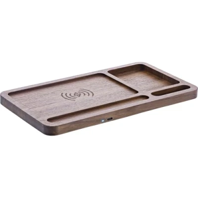 Afbeelding van InLine WoodCharge Organiser met geïntegreerd Qi oplaadoppervlak van walnoothout (15 W), Draadloze laders, Bruin