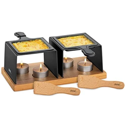 Afbeelding van Spring Gourmet raclette Theelicht met metalen frame Houten bodem theelichthouders Incl. 2 gecoate pannetjes, racletteschrapers en 4 theelichtjes