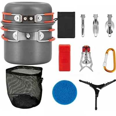 Afbeelding van Campingserviesset voor 2 personen, aluminium pan, lichte pannenset, opvouwbare kookpan, outdoor kookset met pot, kom, pan camping, wandelen, trekking en wandelen