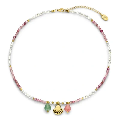 Afbeelding van CO88 Collection 8CN 26416 Kralen Ketting Collier Parel Roze Jade 3,2mm Hangertje Schelp 1x12,8mm 40+5cm Goudkleurig