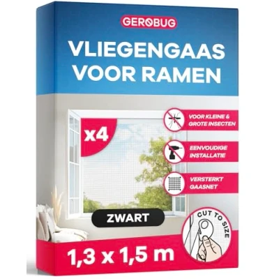 Afbeelding van GEROBUG vliegengaas voor ramen, zonder boren, 130 x 150 cm, 4 stuks, zwart, fijnmazig met plakstrip, insectenbescherming, raam, muggennet raam