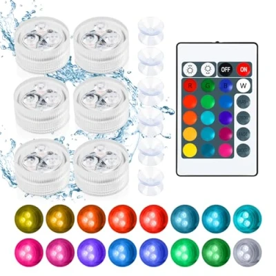 Afbeelding van mini ledlampen, 6 stuks, ledverlichting, 4 modi, 16 kleuren, RGB, waterdicht, IP68, ledkaarsen met afstandsbediening en zuignappen, voor aquarium, vaas, zwembad, vijver, tuin, feest