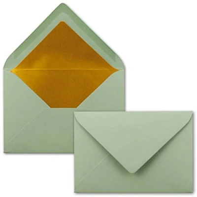 Afbeelding van NEUSER PAPIER Enveloppen in eucalyptusgroen, 25 stuks, formaat C6 114 x 162 mm, 11,4 16,2 cm, natte plakrand mat oppervlak en goud metallic voering zonder venster, voor uitnodigingen