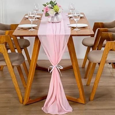 Afbeelding van YUNSHANGHE Moderne chiffon tafelloper, 70 x 300 cm, afwasbaar tafelkleed, decoratieve tafelband van stof, tafeldecoratie voor bruiloft, verjaardag, communie (roze)