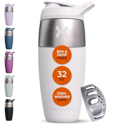 Afbeelding van Promixx Pursuit Shaker Bottle enkelwandige roestvrijstalen eiwitshakerfles, super gladde shakes, 950 ml, keramisch wit