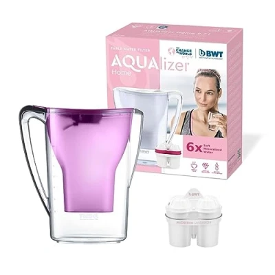 Afbeelding van BWT AQUAlizer Handmatige waterfilterkan, 2,7 l + 6 filters met magnesium, violet gezond water voor maanden, reinigt en verbetert de smaak, verwijdert chloor, kalk onzuiverheden