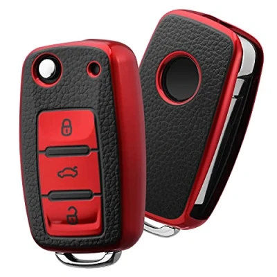 Afbeelding van OATSBASF Autosleutelhoes VW, VW Golf sleutelbox, sleutelhoes cover voor Polo Passat Skoda Seat 3 toetsen (P rood)