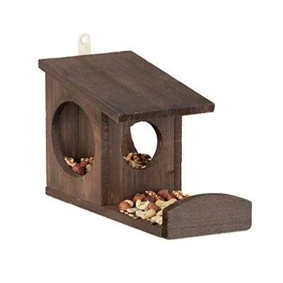 Afbeelding van Relaxdays eekhoorn voederhuisje voederhuis voederkast voederbak hout voederplek dark Brown