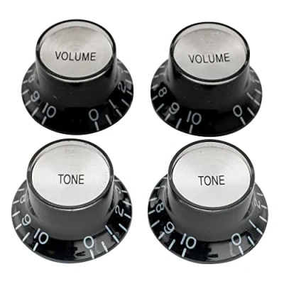 Afbeelding van Musiclily Pro Inch Maat Gitaarknop Reflector Belmodel 2 Toon Volume Knoppenset voor USA Les Paul SG Elektrische Gitaar, Zwart met Zilver Top (4 Stuks)