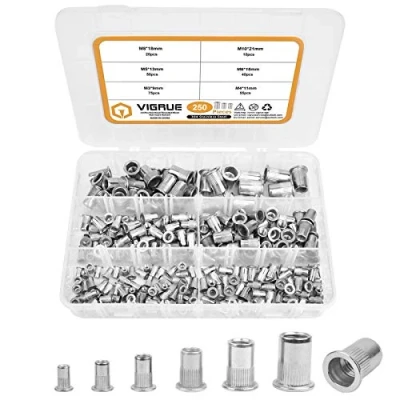 Afbeelding van VIGRUE 250 stuks klinkmoeren assortiment M3, M4, M5, M6, M8, M10, draadklinkmoeren A2 70, roestvrij staal, gereedschap, platte kop, schroefdraad, klinkmoer, dop, moeren voor klinkmoertang