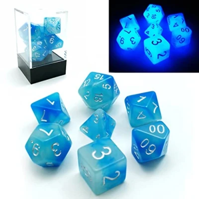 Afbeelding van Bescon Gemini gloeiende polyedrische dobbelstenen 7 stks set ICY ROCKS, lichtgevende RPG d4 d6 d8 d10 d12 d20 d%, bakstenen doos verpakking