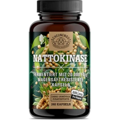 Afbeelding van nattokinase 240 capsules van elk 100 mg (20.000 FU/g) Belangrijk: zonder gentechniek, maagsapresistente (slow release) I hoge dosis laboratoriumgetest DE SCHEUNENGUT®