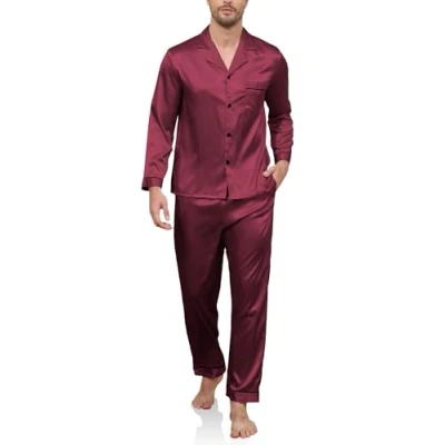Afbeelding van Reliwel pyjama heren lange satijnen set tweedelige mouwen knoopsluiting huispak en pyjamabroek zijden nachtkleding mannen sleepwear loungewear