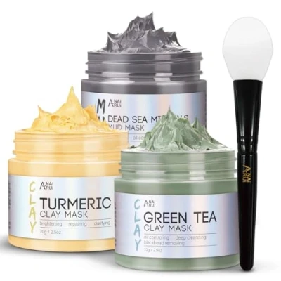 Afbeelding van ANAiRUi Gezichtsmaskers, kleimasker groene thee, kurkuma, moddermasker dode zee, mineralen, set voor dieptereiniging, ontgifting en vermindering van acne mee eters, 210 g