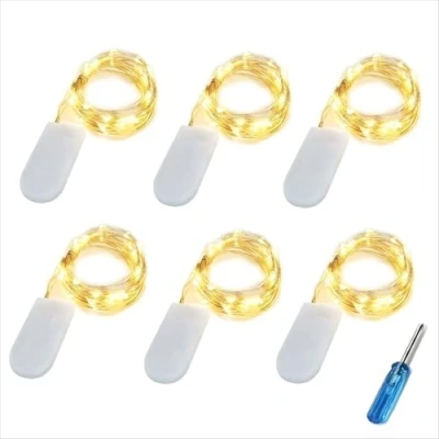 Afbeelding van BXROIU 6 x 20 micro led lichtketting met CR2032 batterij, werkt op 2 meter zilverdraad, voor feest, tuin, Kerstmis, Halloween, bruiloft, lichtdecoratie (warm wit)