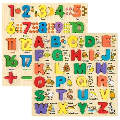 Afbeelding van Alfabet puzzel, houten speelgoed voor kinderen, 2 stuks, ABC letters, cijfers, vormgeven dikke puzzelblokken, bordspel, educatief speelgoed, cadeau peuters en kleuters van 3 tot 5