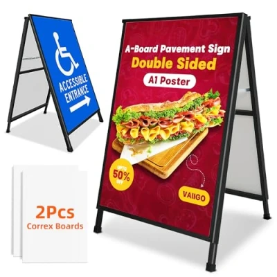 Afbeelding van VAIIGO A1 A Board bestrating bord frame, dubbelzijdig display zwaar frame poster standaard met 2 gegolfde kunststof platen voor buiten reclame, verkoop, bedrijf