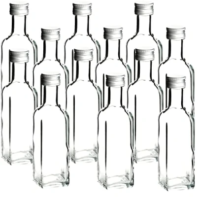 Afbeelding van gouveo Set van 12 glazen flessen, 100 ml, Maraska met schroefdop, zilverkleurig, kleine fles 0,1 l om te vullen, lege fles, vierkant, voor likeur, jenever, olie