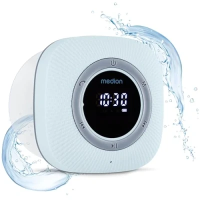 Afbeelding van MEDION P66096 Douche radio met Bluetooth (badkamerradio, FM radio, zuignap, LED display, IPX6 waterproof, geïntegreerde oplaadbare batterij, MD43884) blauw