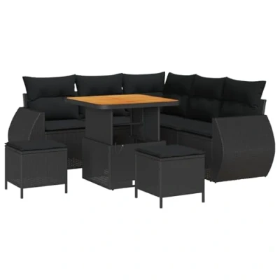 Afbeelding van vidaXL 8 delige Tuin Sofa Set met Kussens Zwarte Poly Rattan Acacia, 3 Eet Acacia