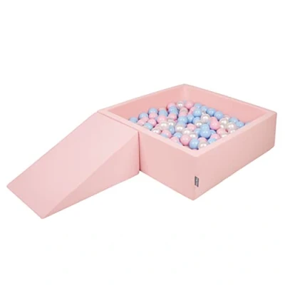 Afbeelding van KiddyMoon Speelplaats van schuim met ronde ballenbad (200 ballen), ballenbak voor baby‘s, speelbad, hindernisbaan, gemaakt in de EU, roze: babyblauw/poederroze/parelmoer