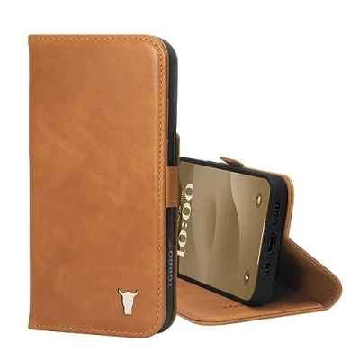 Afbeelding van TORRO Case Compatibel met iPhone 15 Premium lederen portemonneehoes standaard en kaartsleuven (Lichtbruin)
