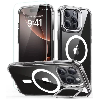 Afbeelding van ESR Klassieke Hybride Kickstand Halolock Magsafe &amp; Gehard Glas iPhone 16 Pro Helder (Apple Pro), Smartphonehoes, Transparant