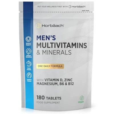 Afbeelding van Multivitamine tabletten voor mannen, 6 maanden voorraad, 180 veganistische tabletten, 28 vitaminen en mineralen met magnesium, jodium, vitamine B3, D, zink meer. Horbaach