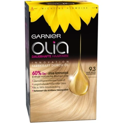 Afbeelding van Garnier Olia permanente haarverf zonder ammoniak, met voedende en natuurlijke oliën, volledige grijshaardekking, kleuring, nr. 9.3 goudblond, 3 x 1 stuks