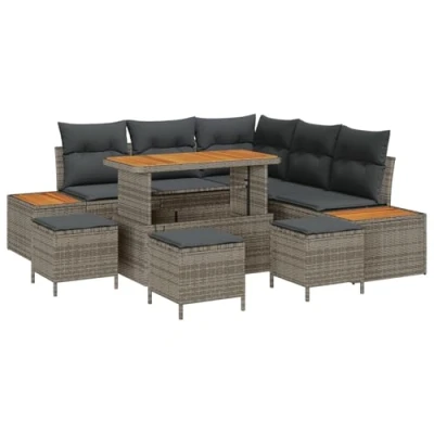 Afbeelding van vidaXL 9 delige tuin sofa set met kussens grijs poly rattan acacia