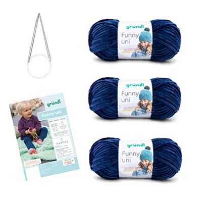 Afbeelding van Gründl Breiset Funny uni (fluweelachtig chenille garen) 3 x 100 g + naalden 5 6 handleiding voor een babydeken 3442 SB A25 34 19 8 cm, marineblauw