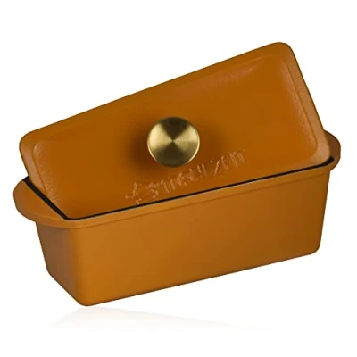 Afbeelding van Mahlzeit Gietijzeren braadpan met deksel geëmailleerd, 3 liter, Sunny Orange geschikt voor inductie dubbele braadpan, eendenbraadpan groot, emaille stoofpan, ganzenbrader