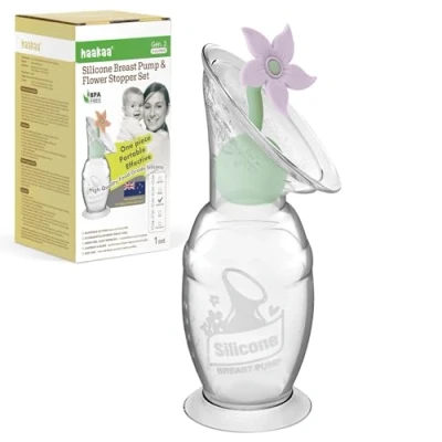 Afbeelding van haakaa Handmatige borstkolf met bloemenstopset, Gen.2 siliconen handpomp zuigbasis, BPA vrij (4 oz/100 ml, lavendel)
