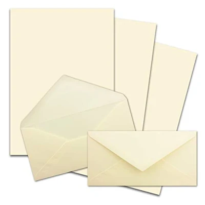 Afbeelding van Set van 50 stuks briefpapier, DIN A4 met lange enveloppen, nat kleven, crème vanille, mat schrijfpapier enveloppen FarbenFroh by GUSTAV NEUSER