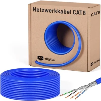 Afbeelding van HB DIGITAL 50 m Cat 8.1 netwerkkabel, installatiekabel, datakabel, ethernet, LAN kabel, Cat.8 tot 40 Gbit/s, koper S/FTP 2000 MHz, PIMF LSZH Cat8, halogeenvrij, RoHS compliant AWG 22/1, blauw