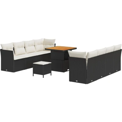 Afbeelding van vidaXL 11 delig tuinsofa set met kussens zwart poly rattan acacia, 3 tuin eetset acacia