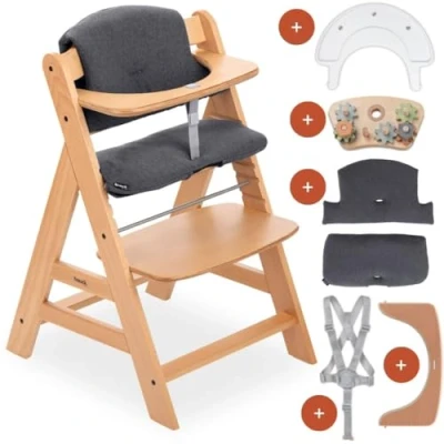 Afbeelding van Hauck kinderstoel Alpha Plus incl. Play Tray Basis, speelopzetstuk Repairing &amp; zitkussen meegroeiende babystoel van hout, vanaf 6 maanden, verstelbaar natuur