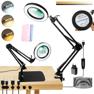 Afbeelding van UCAMP Vergrootglas met Licht en Standaard,10x LED loeplamp Klem Basis,Bureaulamp 3 kleurmodi dimbaar,LED voor hobby ambachten,Werkpleklamp,LED leeslamp Lupa z światłem i stojakiem
