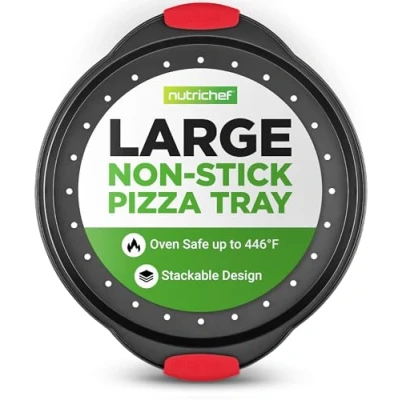 Afbeelding van NutriChef Non Stick Pizza Plaat met Siliconen Handgreep, Ronde Stalen Anti aanbakpan Geperforeerde Gaten, Premium Bakgerei, Pizzaplaat Vaatwasmachinebestendig