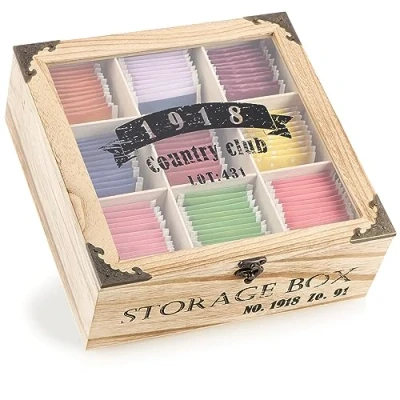 Afbeelding van COM FOUR® Rustieke theezakjes opbergdoos theedoos met 9 vakken, venster en sluiting in landelijke stijl shabby chic theeopslag theezakjesdoos (rustiek 1918 vakken)