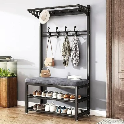 Afbeelding van Kapstok met bank Stevige metalen schoenenrek haken voor hal Woonkamer Kleedkamer 80/100x33x172CM 100 * 33 172cm B