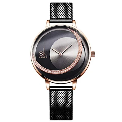Afbeelding van rorios Dameshorloges, analoog, kwarts, polshorloges, minimalistisch, gesimuleerde diamant, wijzerplaat, mesh band, modieus, Zwart ros�goud., armband