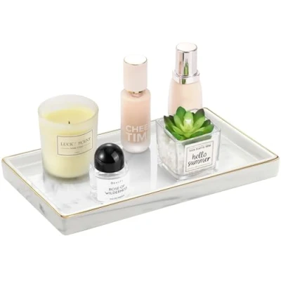 Afbeelding van Luxspire Badkamermeubel, sieradenorganizer met gouden rand, rechthoekig keramisch dienblad, aanrechtblad, vaathouder, cosmetische organiserplaat voor kaarsen, parfum, woondecoratie, medium, marmerwit