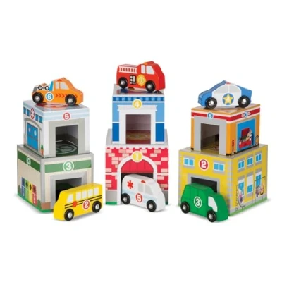 Afbeelding van Melissa &amp; Doug Nesting Sorting Buildings Vehicles , Wooden Toy Trains Trucks 2+ Gift for Boy or Girl