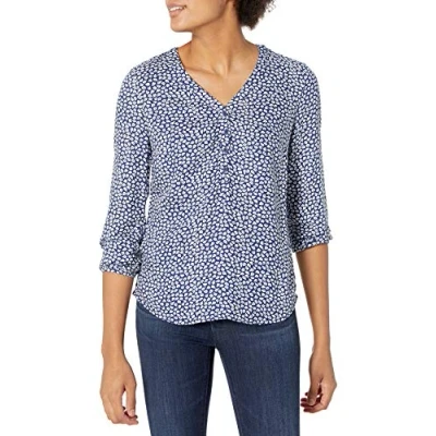 Afbeelding van Amazon Essentials Women&#039;s Popover shirt met driekwartmouwen en knoopsluiting, Donkerblauw Wit Bloemblaadje, L