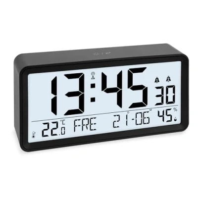 Afbeelding van ADE grote digitale radiogestuurde wekker met zeer cijfers tafelklok 2 wektijden kalender weekdag wandklok temperatuur &amp; vochtigheid zwart