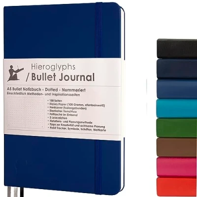 Afbeelding van Bullet Journal/hardcover notitieboek A5 dotted met Duitstalige handleiding genummerde pagina&#039;s, opbergvak, drie bladwijzers, elastieken sluiting van Hieroglyphs