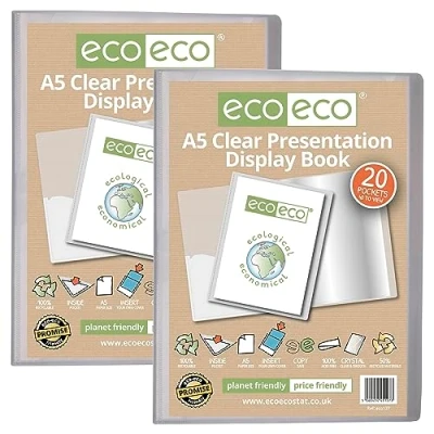 Afbeelding van eco A5 formaat 50 procent gerecycleerd 20 zakken transparant presentatie display boek, opbergkoffer portfolio kunstmap met plastic hoezen, Pack van 2, eco127x2